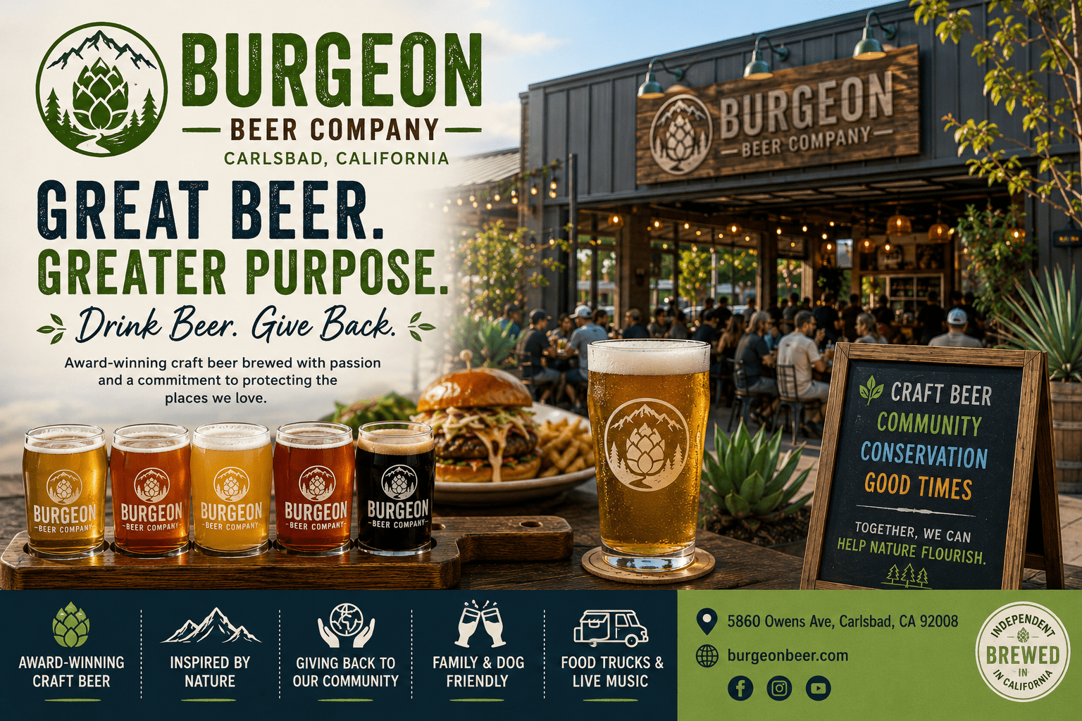 Brewery patio with guests, craft beer flight, and food under string lights, Burgeon Beer Company sign in view.
