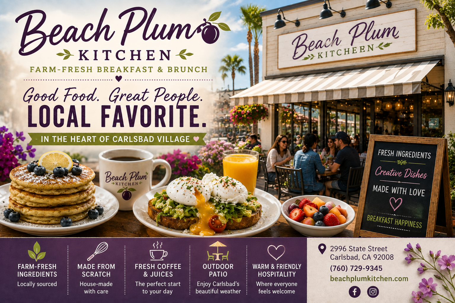 Cafe exterior with sign, outdoor seating, and plates of food; text highlights farm-fresh ingredients.