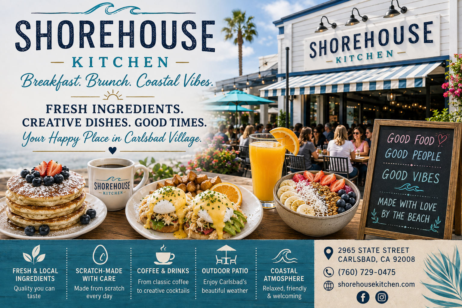 Restaurant exterior with patio seating, food dishes, and menu board. Sign reads 'Shorehouse Kitchen.'