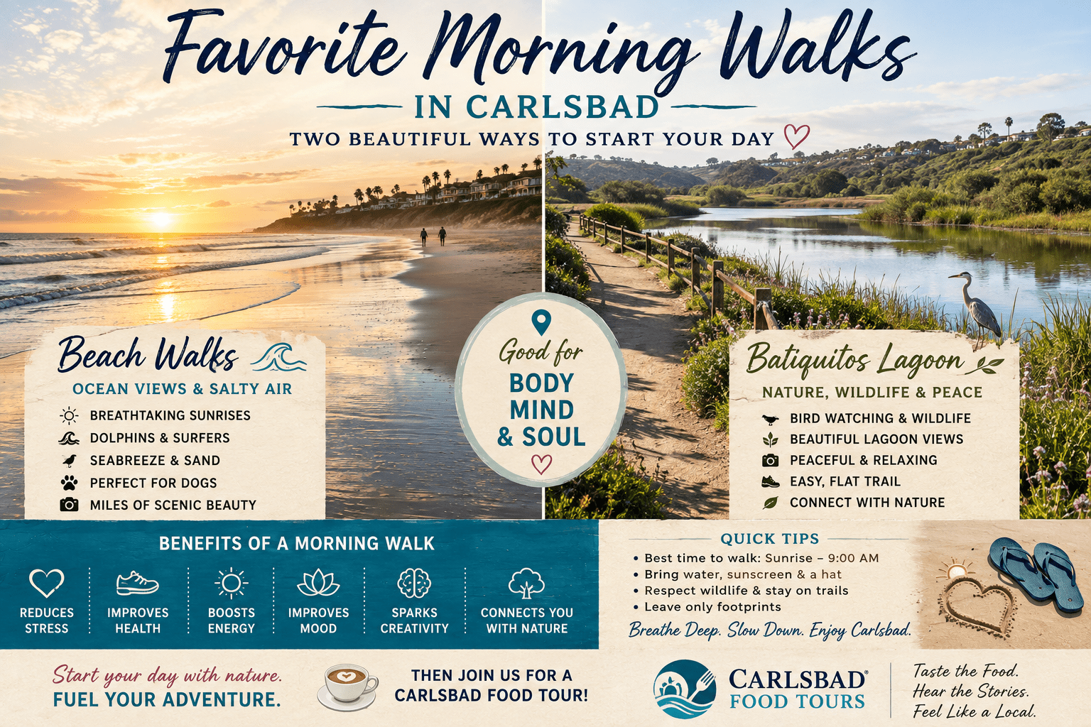 Infographic promoting morning walks in Carlsbad with beach and lagoon benefits.