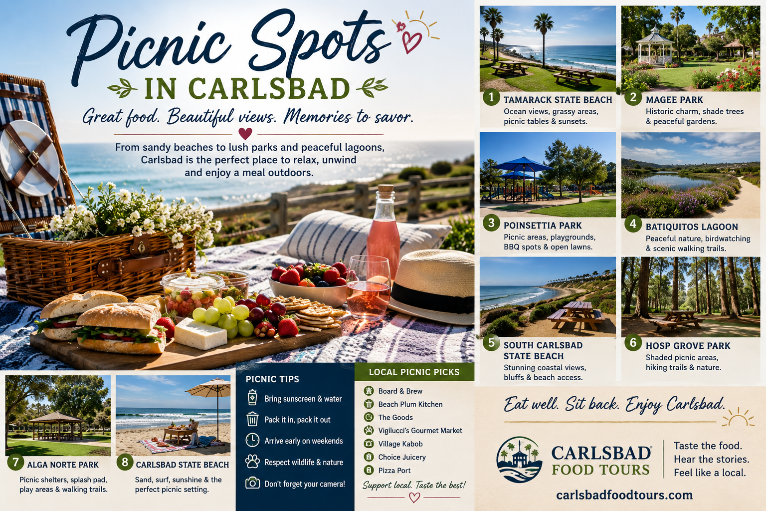 Brochure featuring picnic spots in Carlsbad with scenic images and a picnic basket.