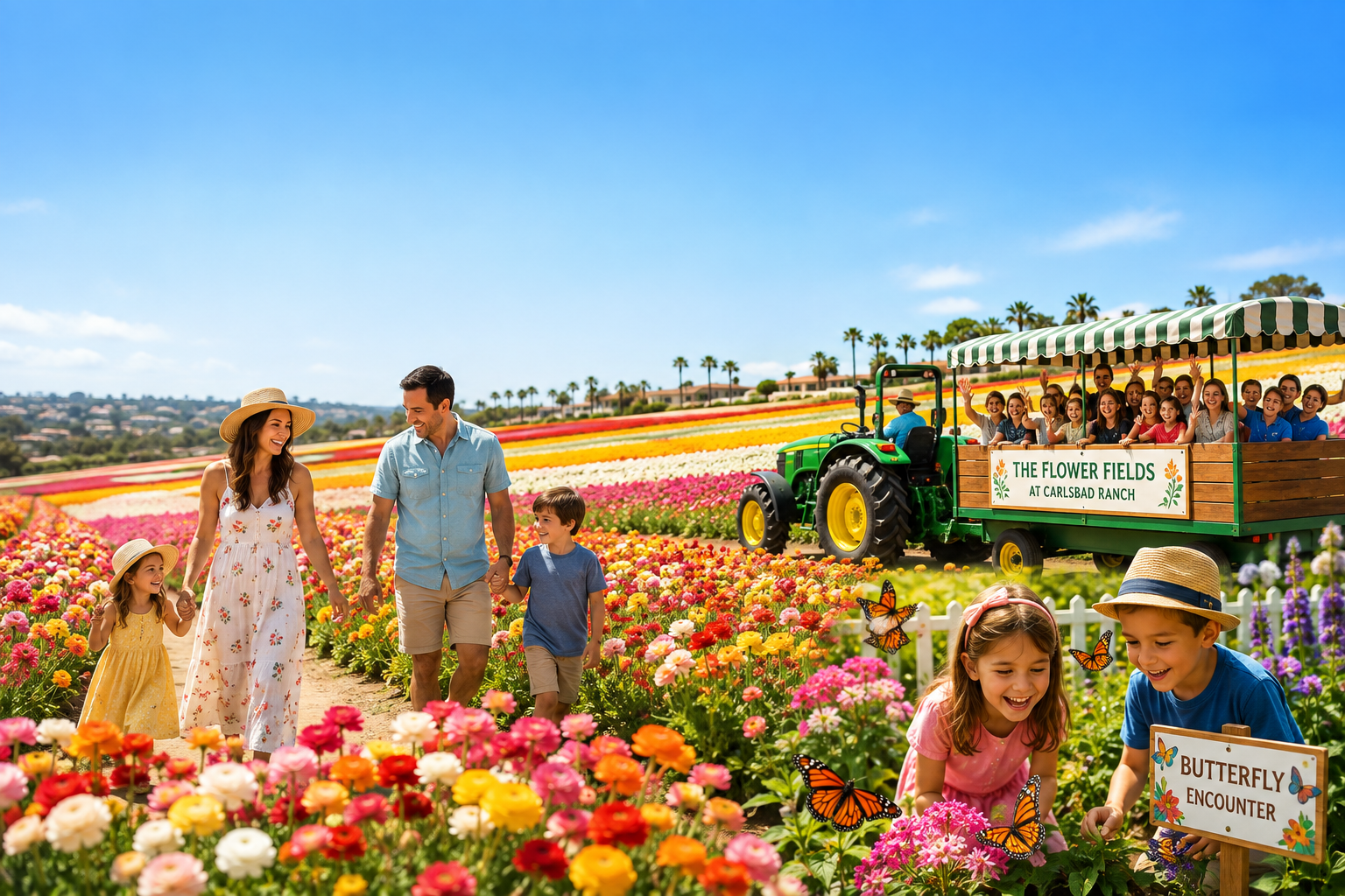 Family walking in colorful flower fields with a tractor ride nearby.