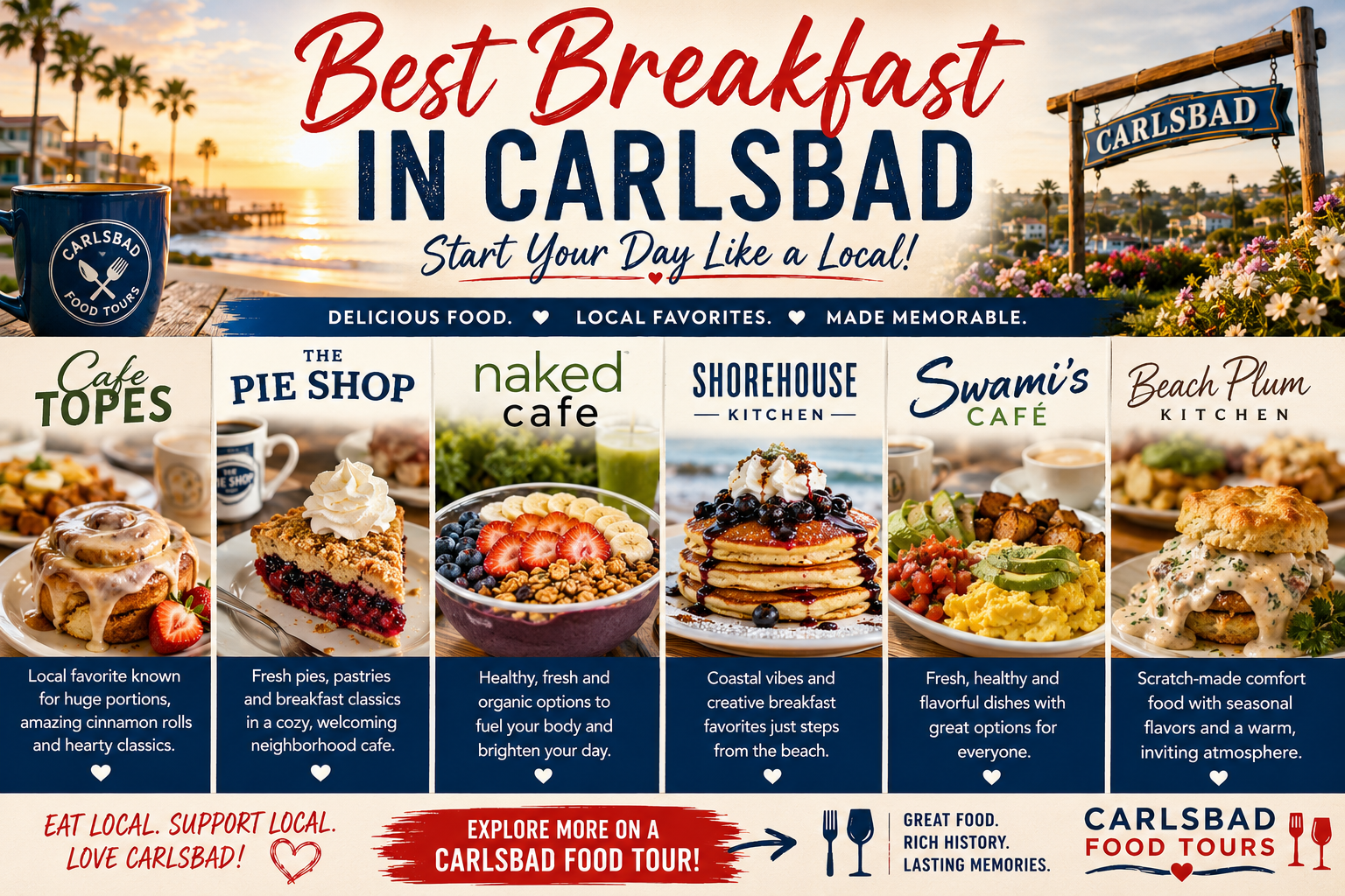 Collage of Carlsbad breakfast spots with food images and logos.