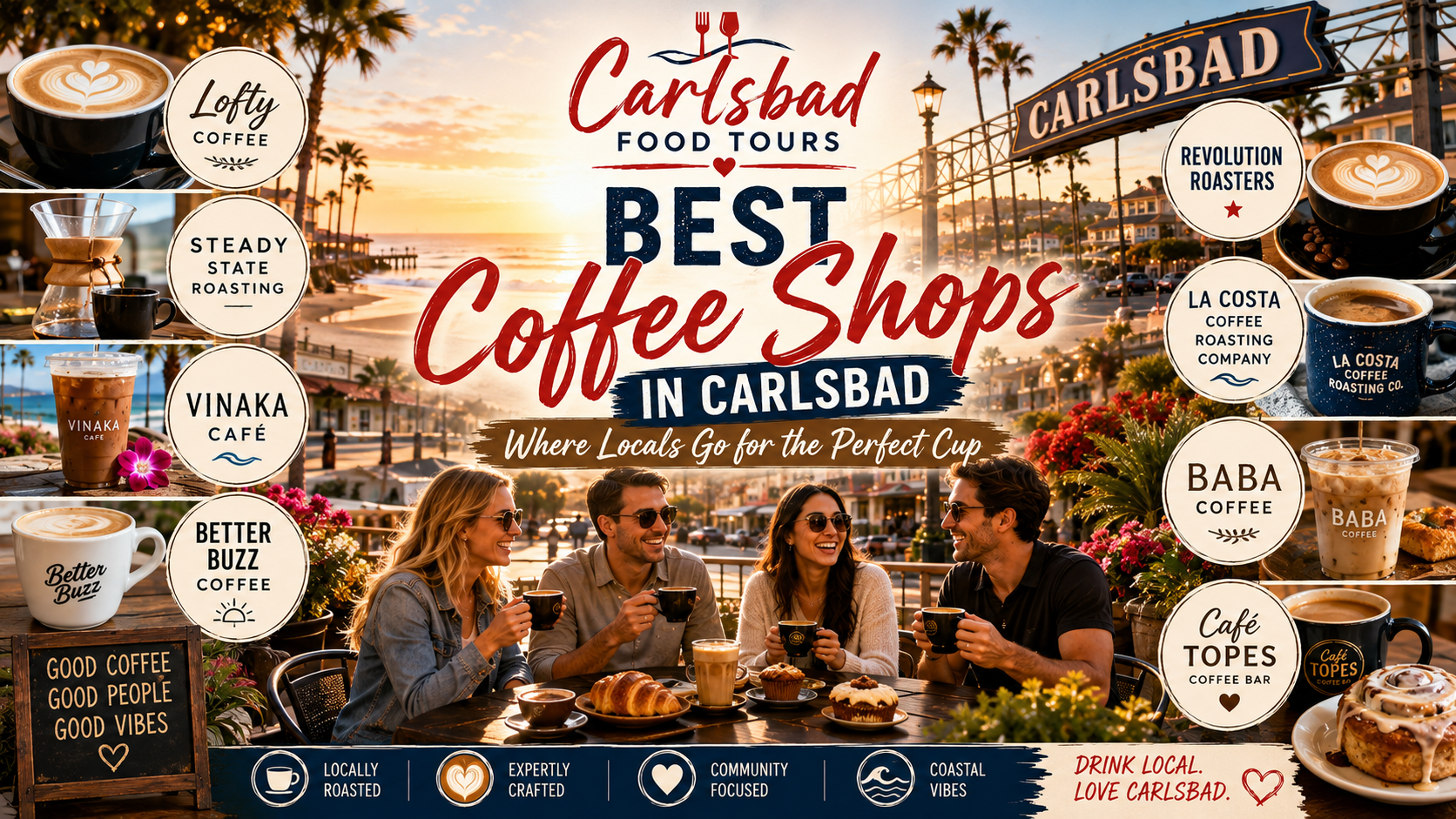 Collage of people enjoying coffee at Carlsbad's top coffee shops on a sunny outdoor terrace.