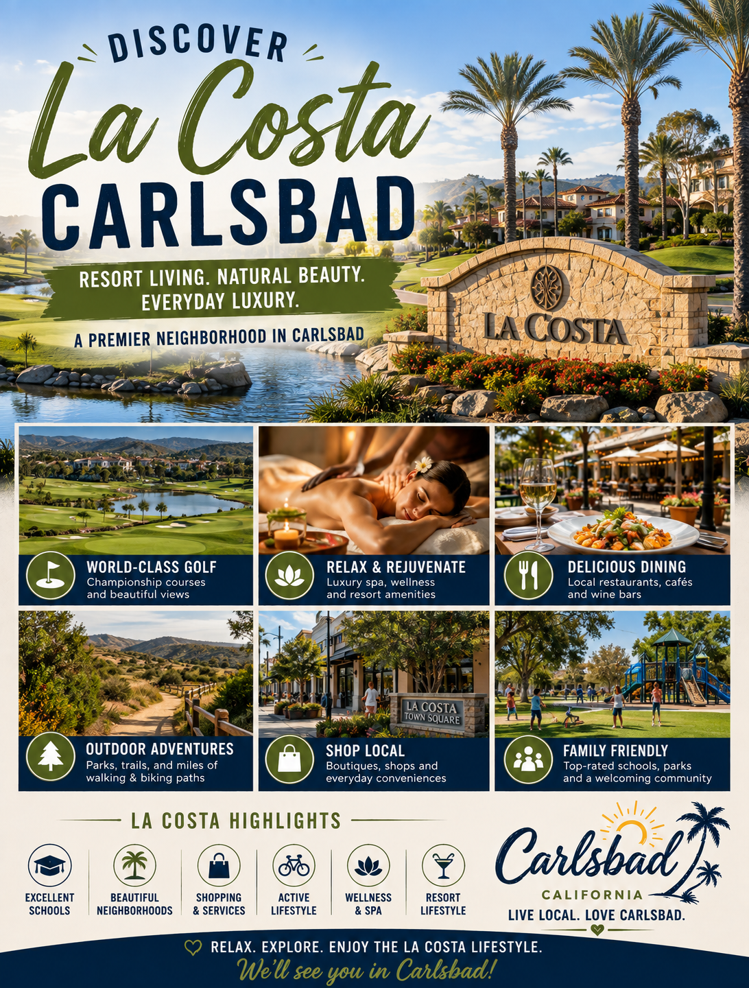 Flyer with images promoting La Costa, Carlsbad for tourism and lifestyle.