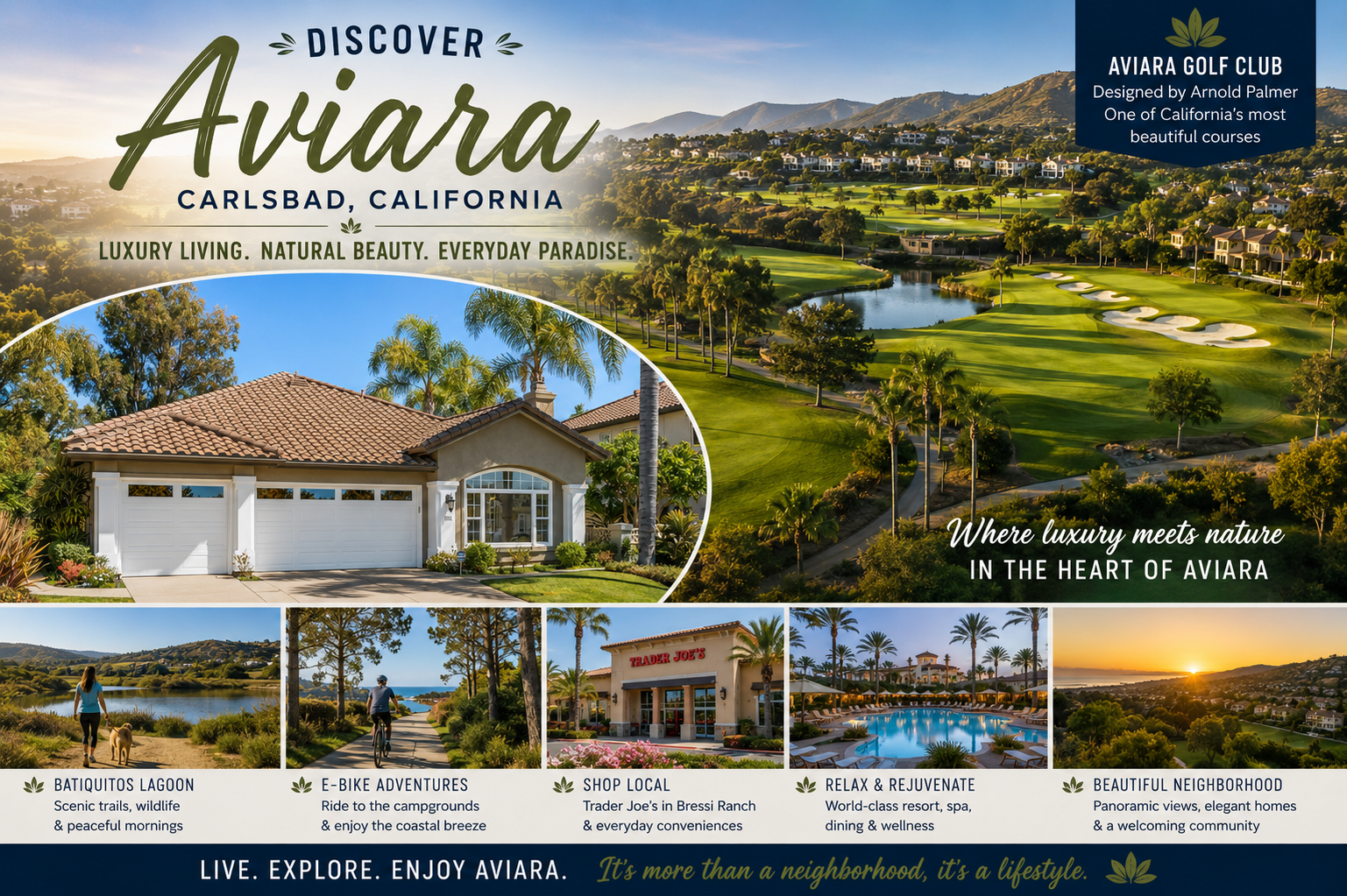 Aviara promotional collage: luxury homes, golf course, outdoor activities in Carlsbad, California.
