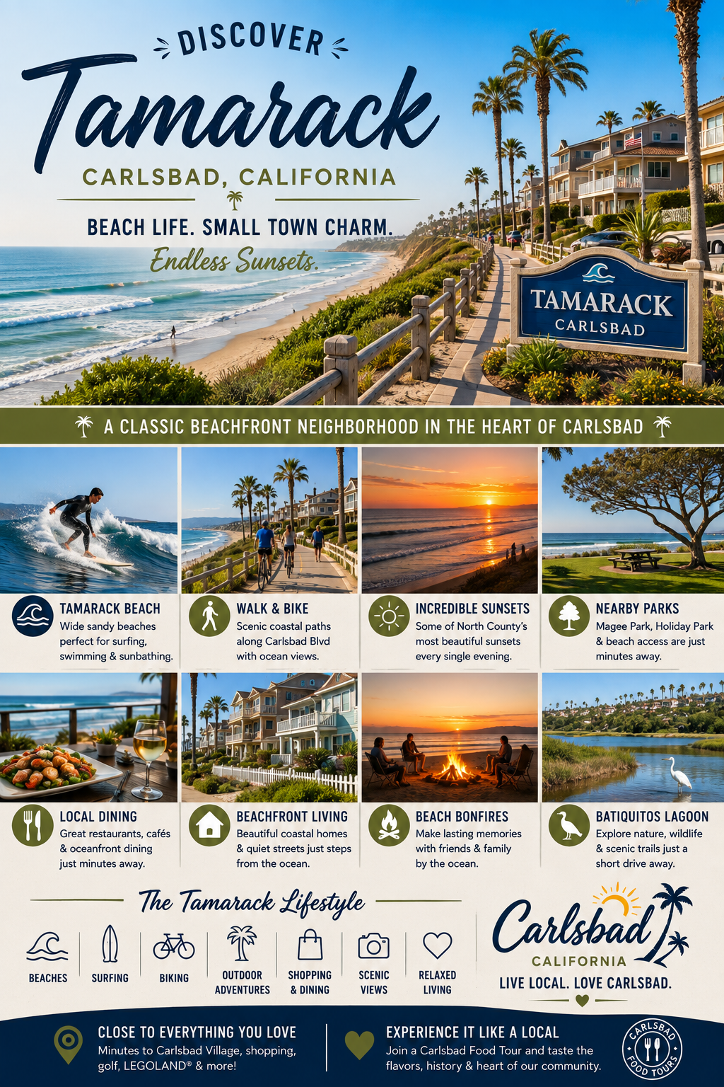 Tamarack, Carlsbad promotional poster with images and icons highlighting local attractions.
