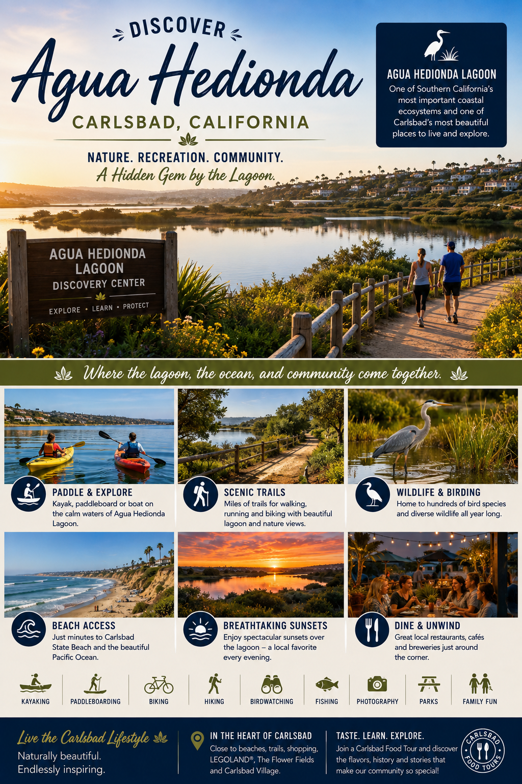 Discover Agua Hedionda poster with activities, scenic photos, and descriptions of the Carlsbad lagoon.
