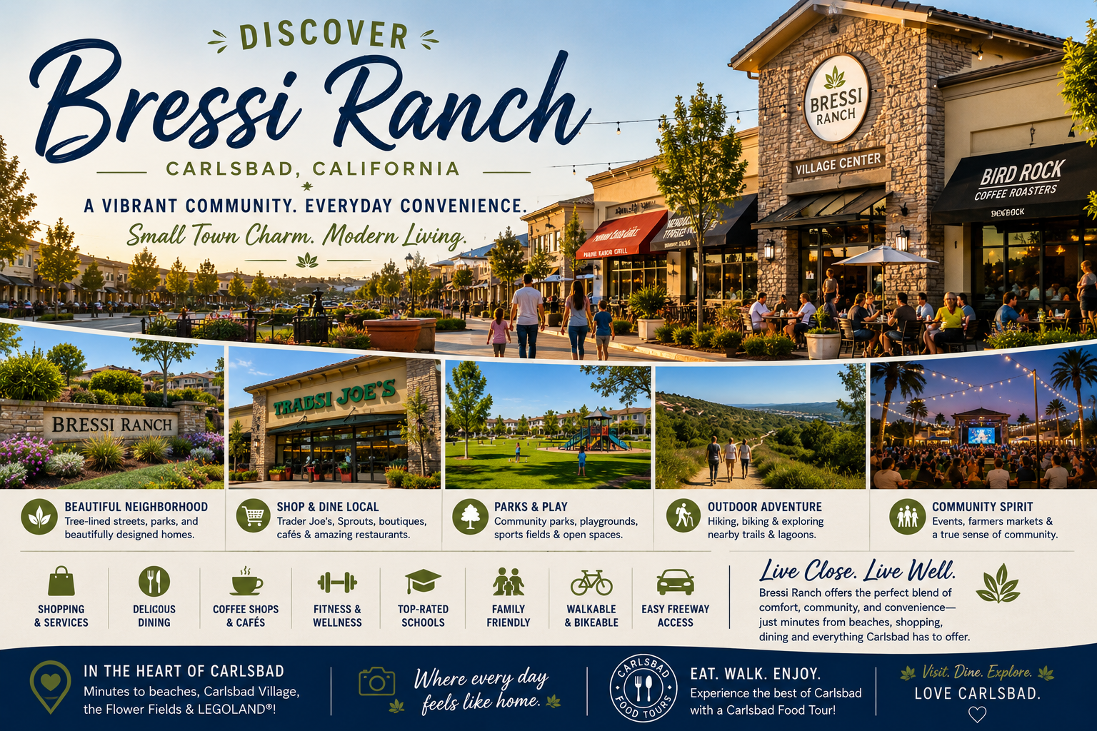 Promotional image of Bressi Ranch, Carlsbad with text and community photos.
