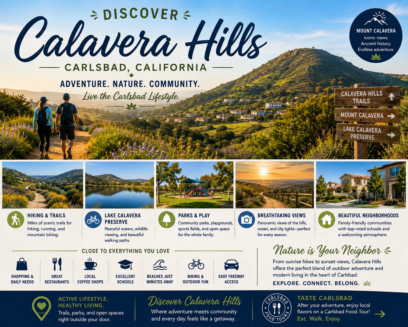 Brochure for Calavera Hills, Carlsbad, with images of trails, lake, neighborhoods, and lifestyle amenities.