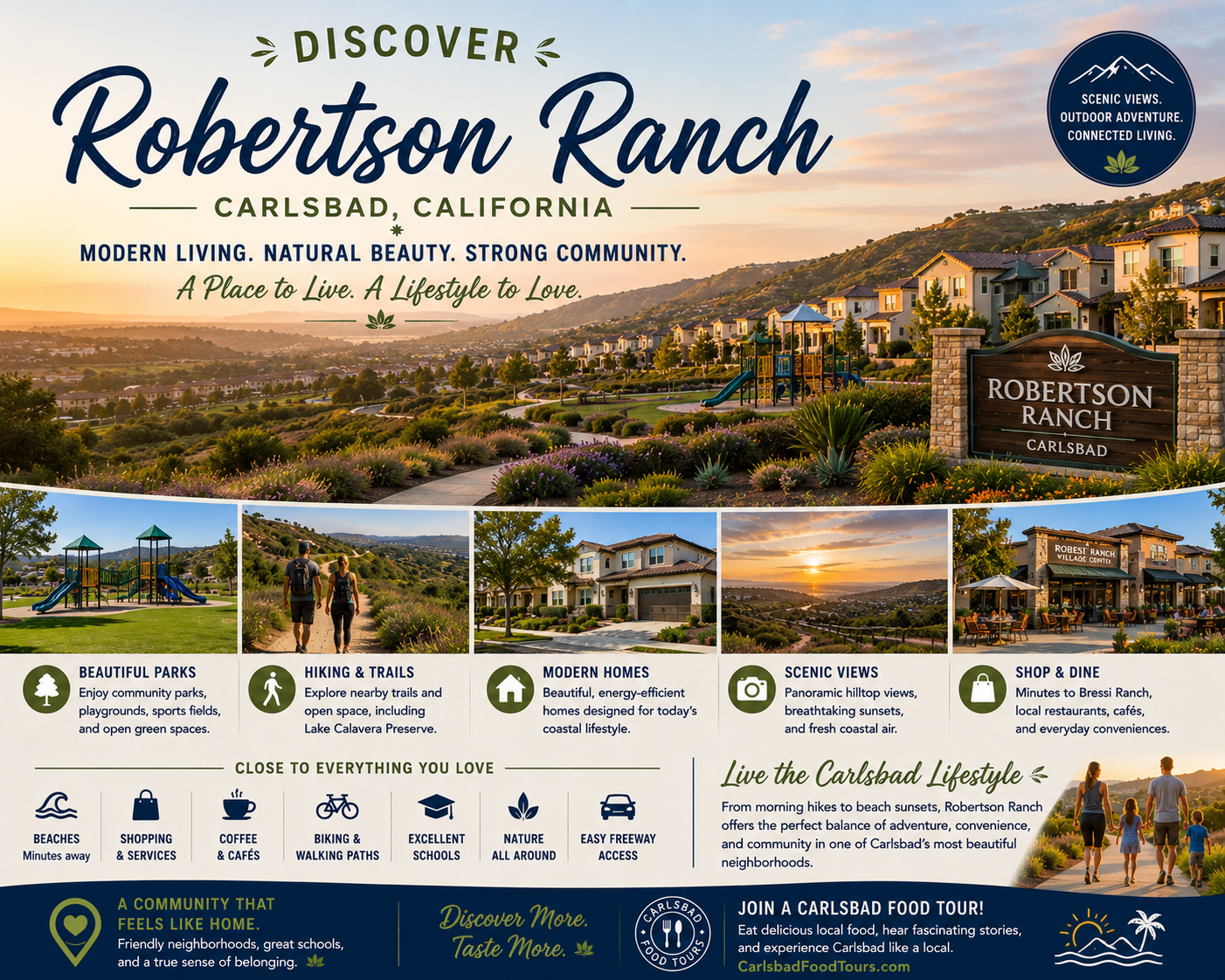 Advertisement for Robertson Ranch community with images of homes and amenities in Carlsbad, California.