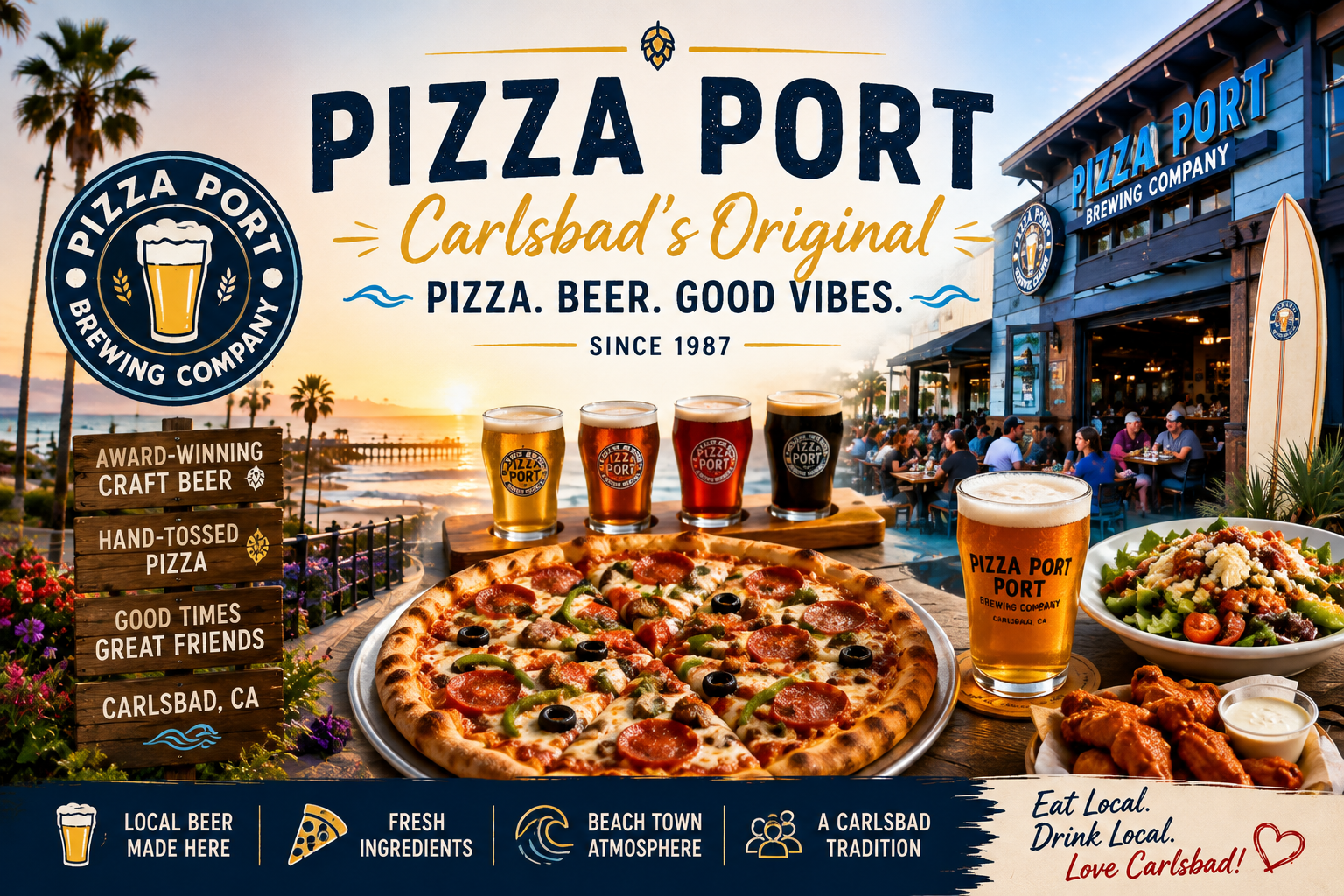 Pizza Port ad: pizza, beer, ocean view, people dining, and brewery logo.