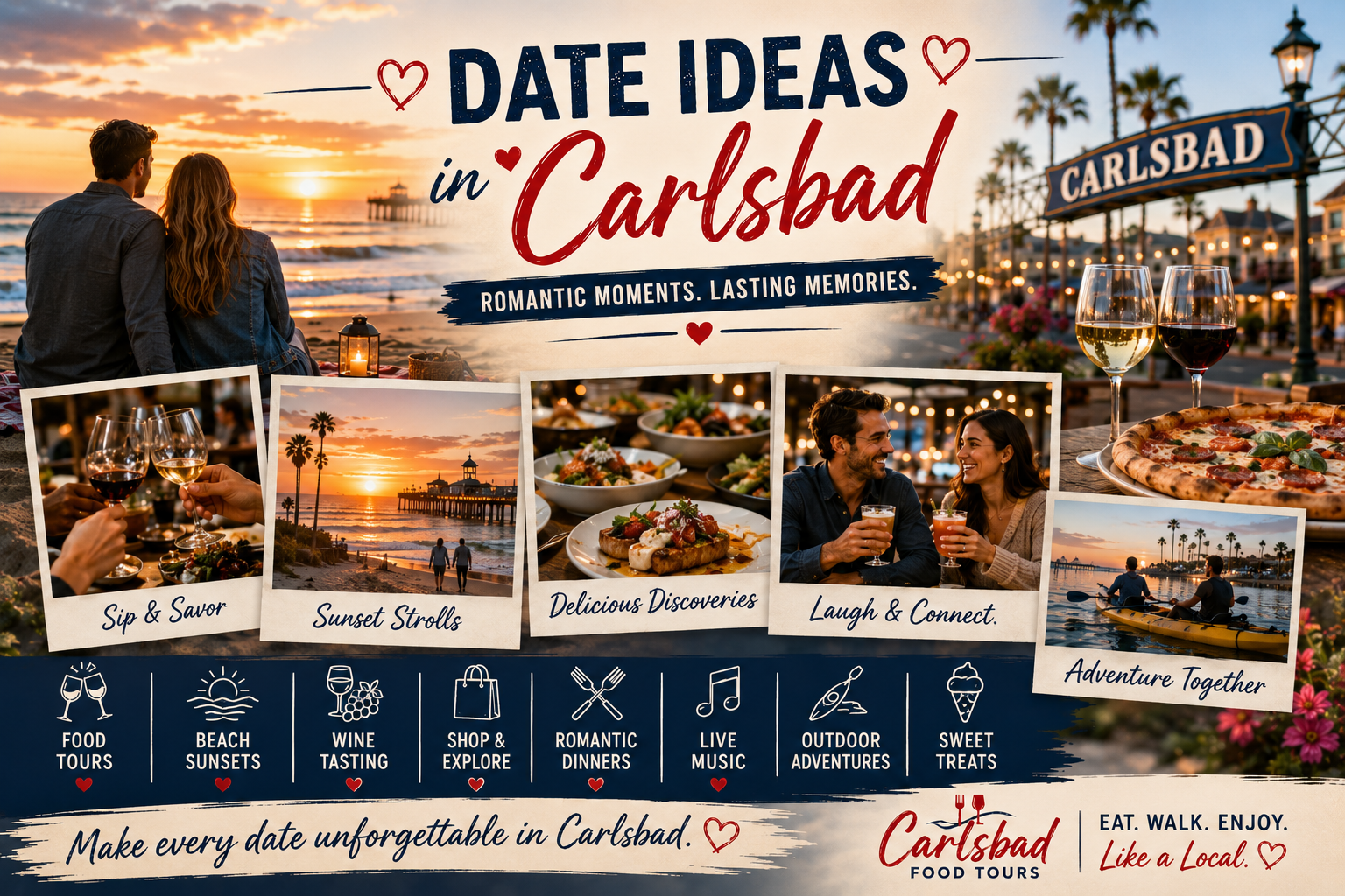 Collage of romantic date ideas in Carlsbad with scenic sunset and couple activities.