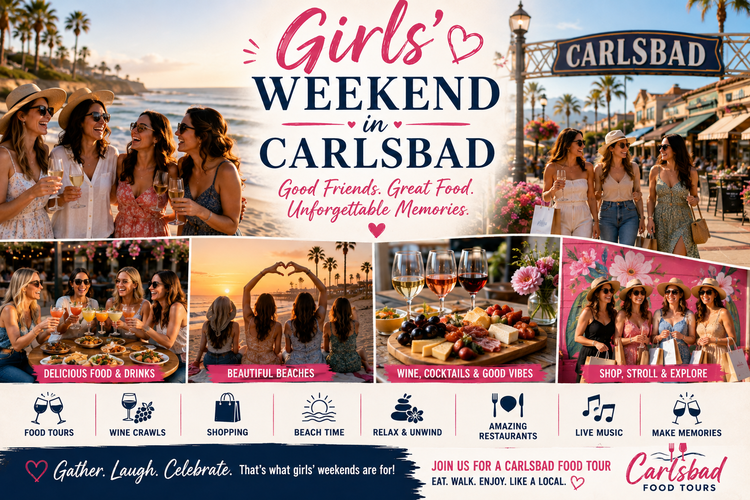 Collage promoting a girls' weekend in Carlsbad with food, drinks, shopping, and beach activities.