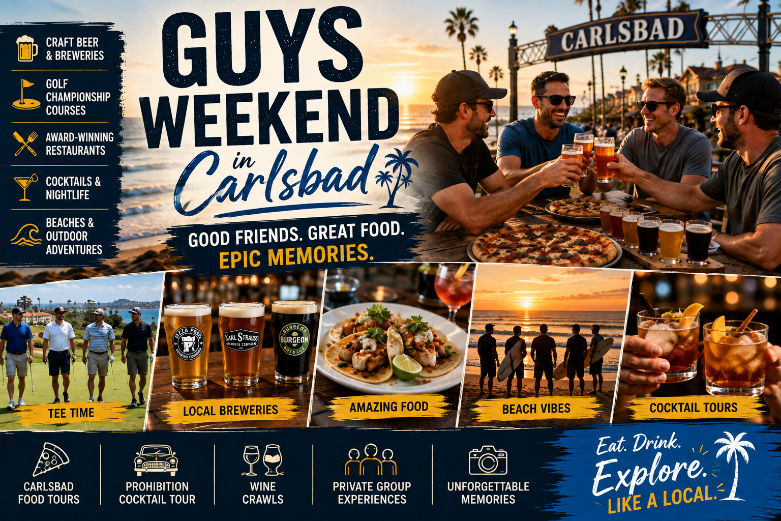 Collage of men enjoying food, drinks, and activities in Carlsbad for a guys' weekend.