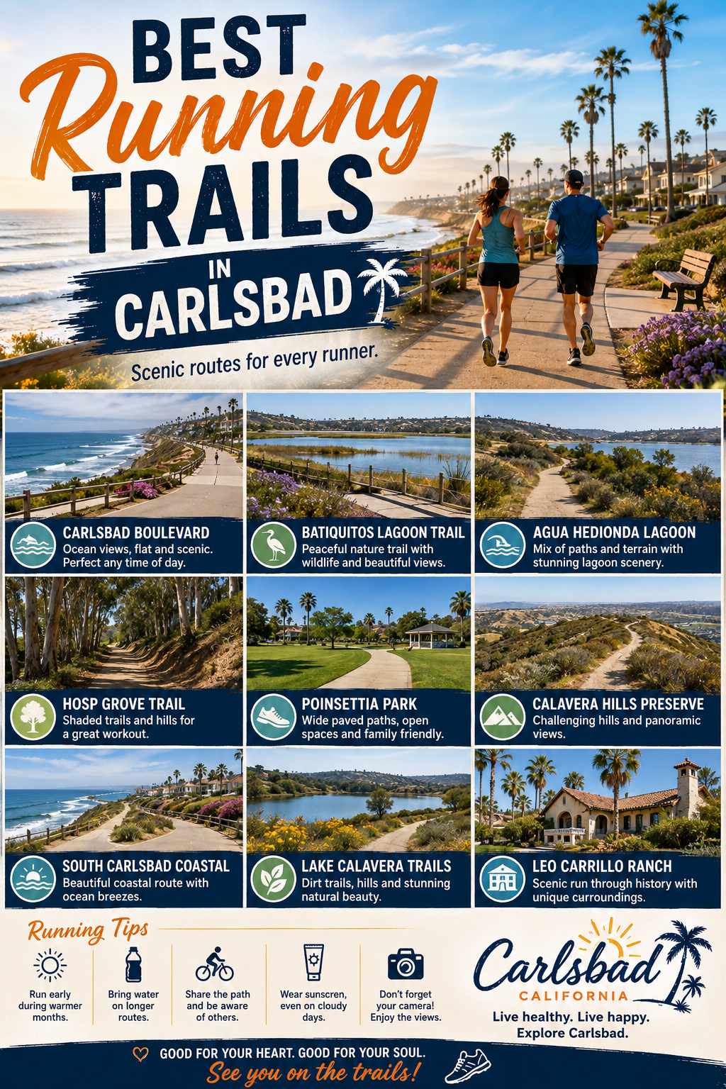 Poster featuring Carlsbad running trails and tips for runners, with scenic photos and key trail highlights.