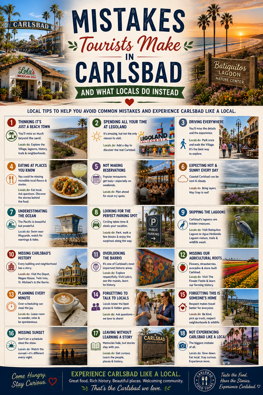 Travel tips poster for visitors to Carlsbad, highlighting local experiences and common tourist mistakes.