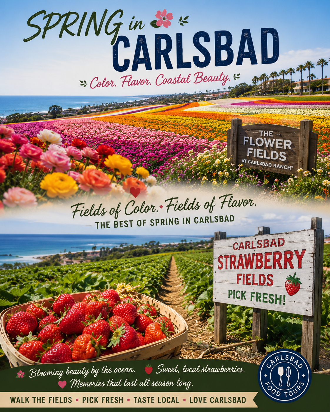 Collage of vibrant flower fields, strawberry fields, and coastal scenery in Carlsbad.