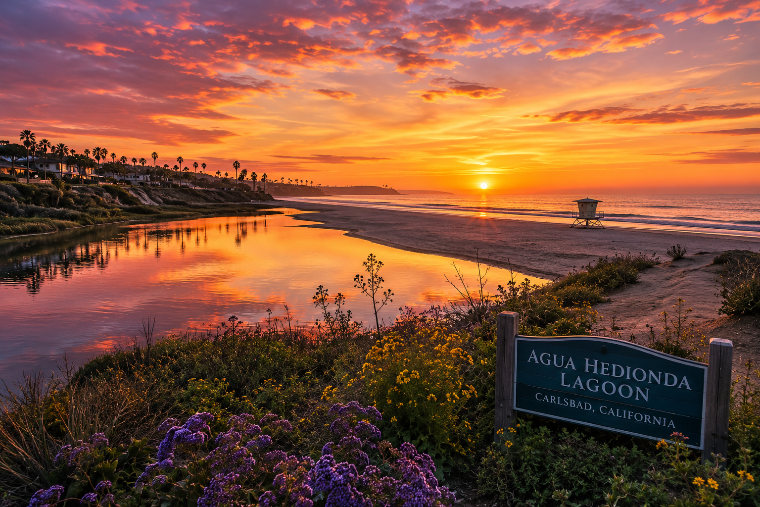 Sunset at a beach with a lagoon, flowers, and a sign for Agua Hedionda Lagoon, Carlsbad, California.