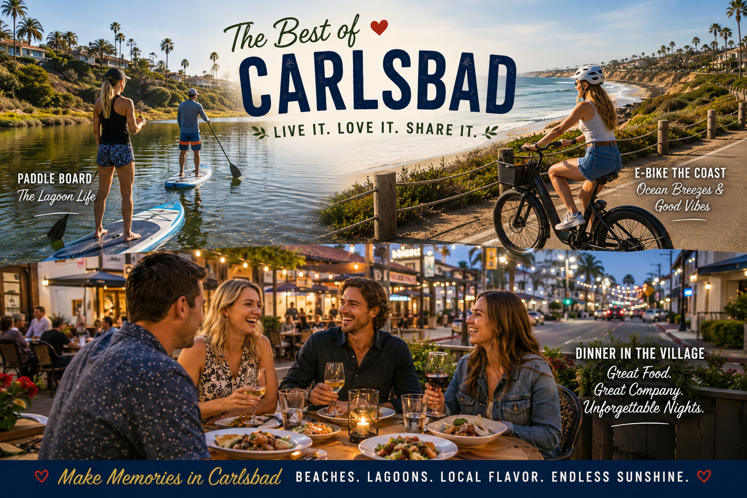 Collage of people paddleboarding, cycling, and dining outdoors in Carlsbad, promoting local activities.