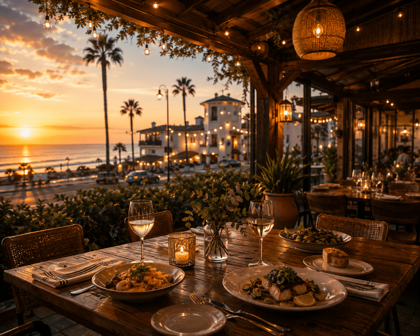 Cozy outdoor restaurant by ocean, sunset view, string lights, served dishes on wooden table.