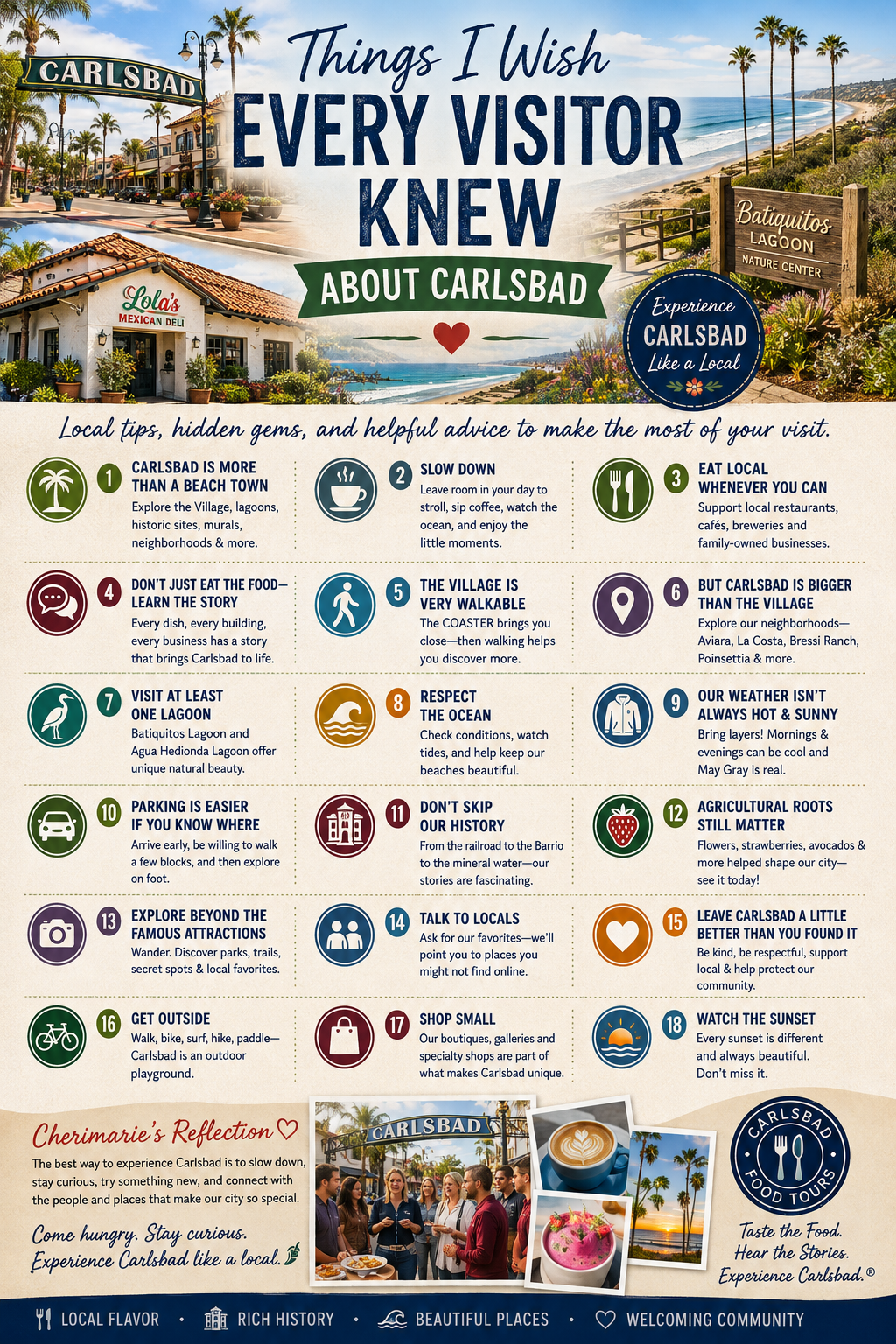 Infographic titled 'Things I Wish Every Visitor Knew About Carlsbad' with tips for visitors and scenic images.