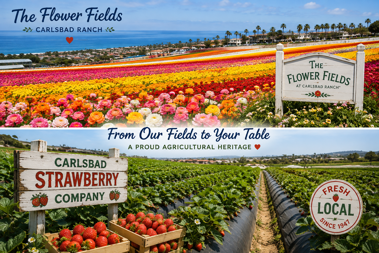 Colorful flower fields and strawberry farm signs at Carlsbad Ranch with scenic background.
