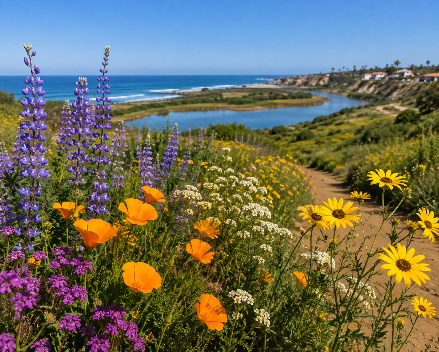 Wildflowers by a coastal trail with ocean and hills in the background.