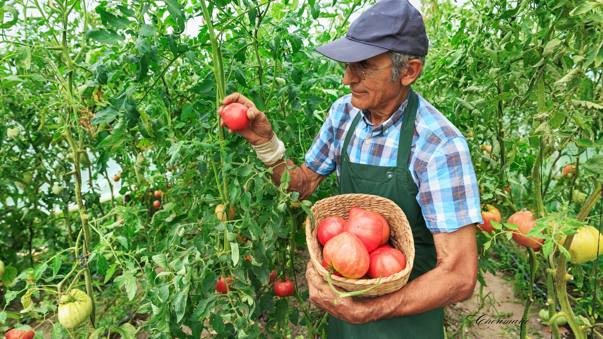 Man in apron and cap harvesting tomatoes in a garden.