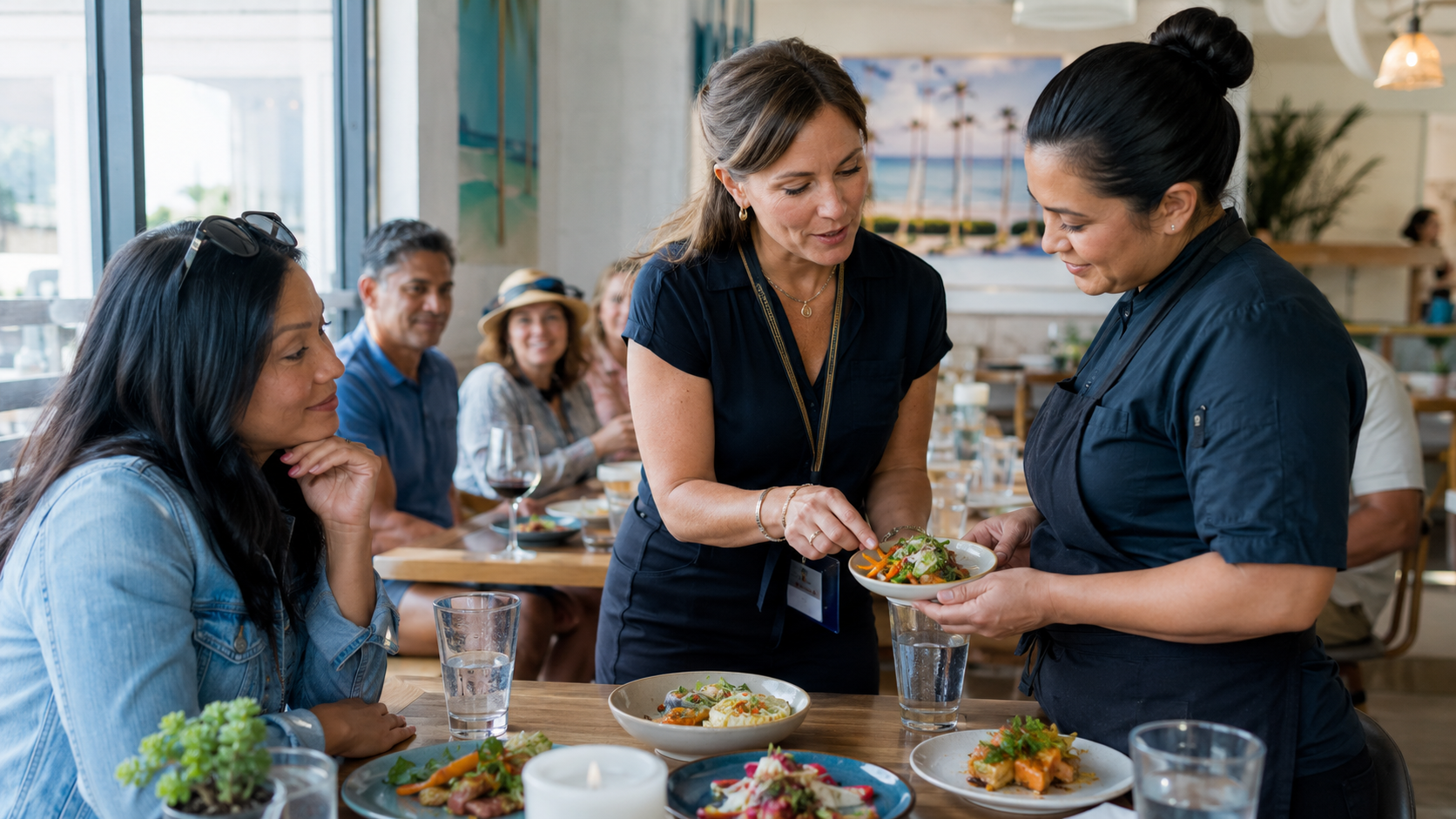 Chef presents a dish to two women in a busy restaurant.