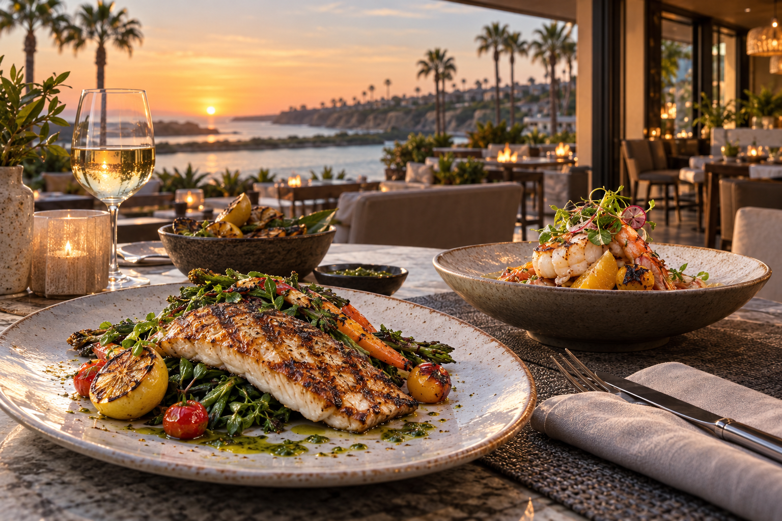 Elegant dinner with grilled fish, vegetables, wine, and sunset view by the sea.