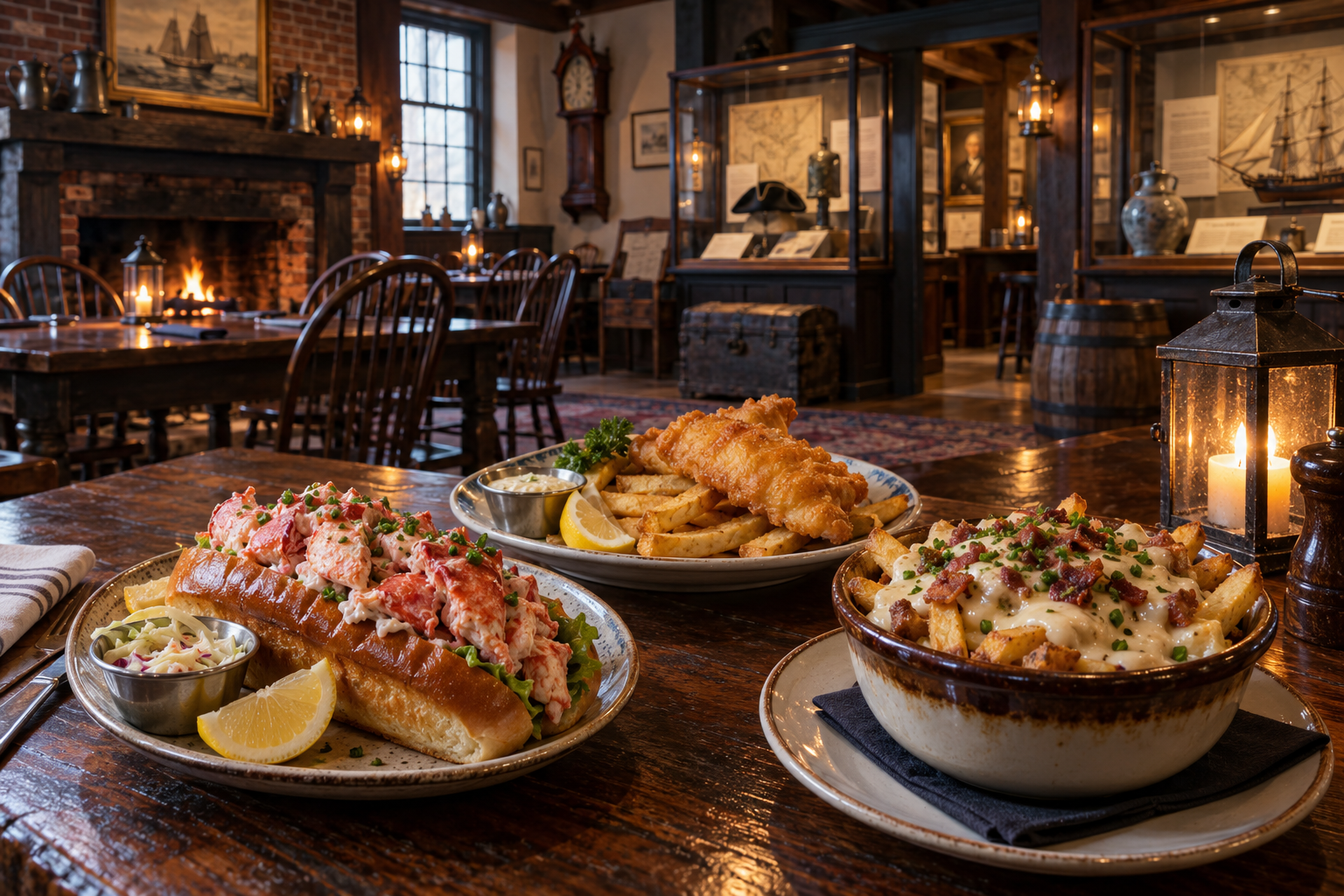Cozy restaurant with lobster roll, fish and chips, and loaded fries on a wooden table.