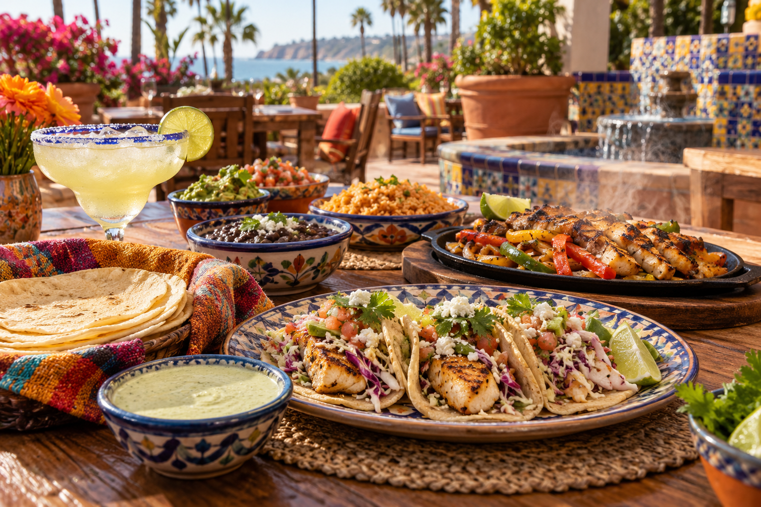 Outdoor table set with tacos, grilled meat, salad, and a margarita.