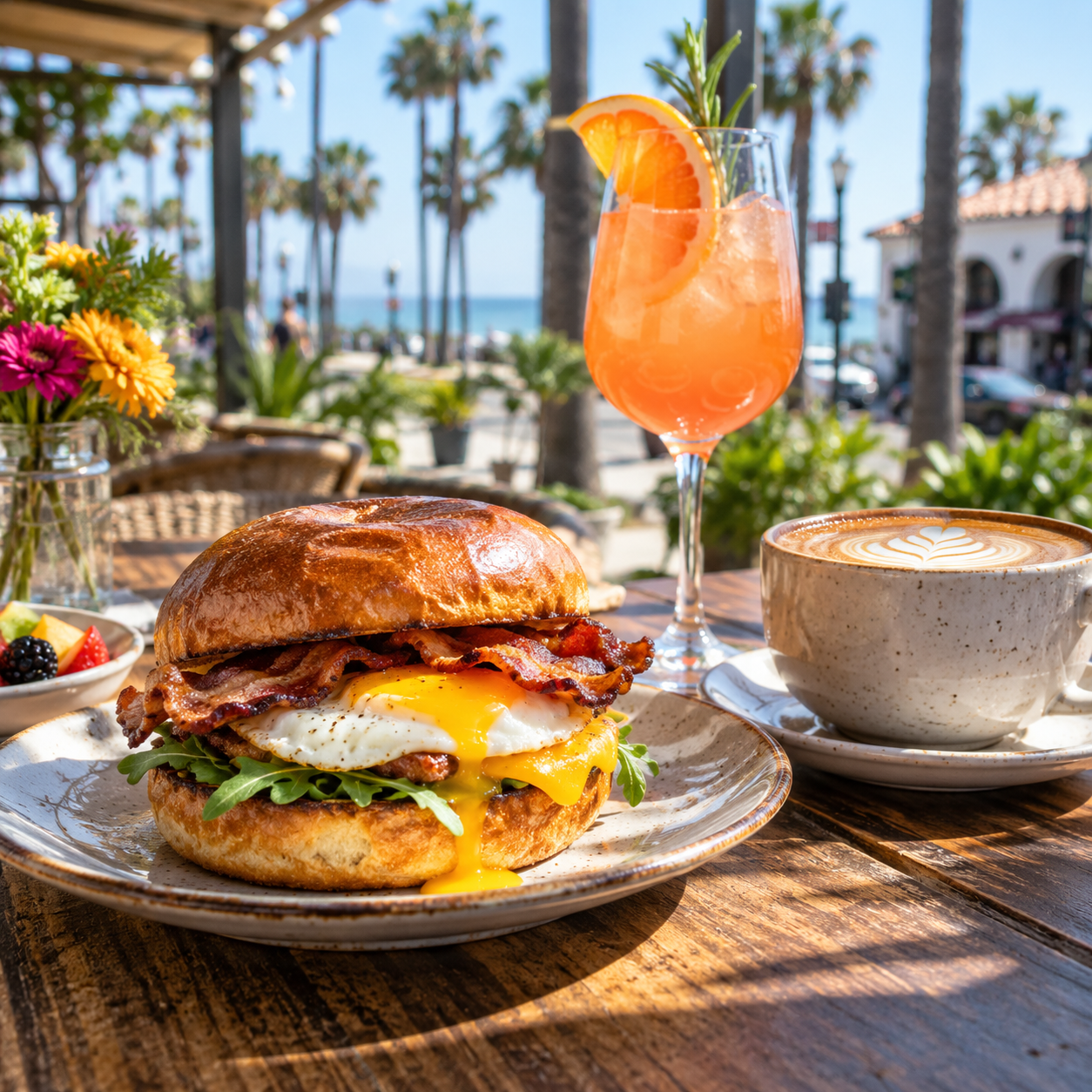 Brunch with a sandwich, coffee, and cocktail, ocean and palm trees in background.