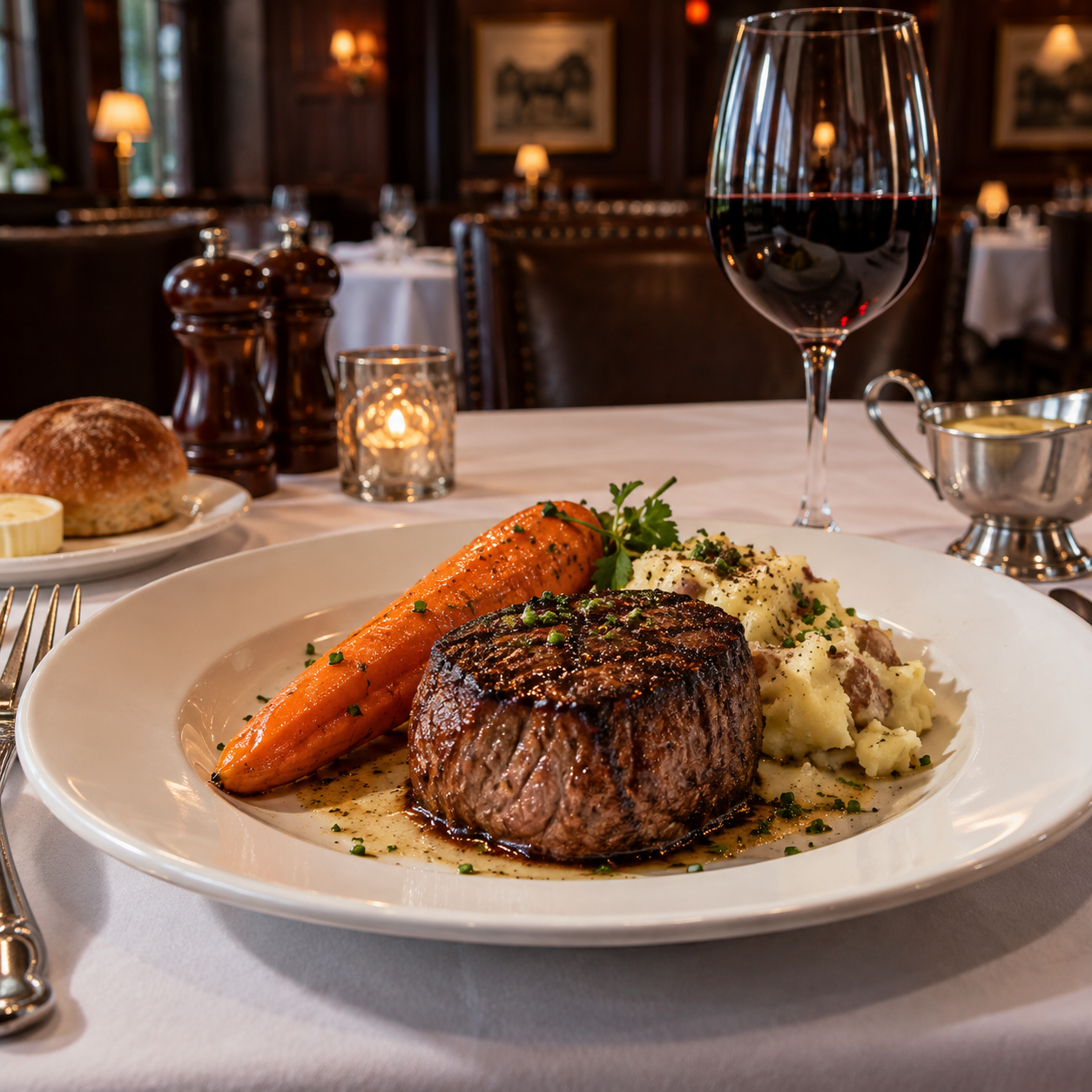 Steak with carrots and mashed potatoes, glass of wine on a set table in a dimly lit restaurant.