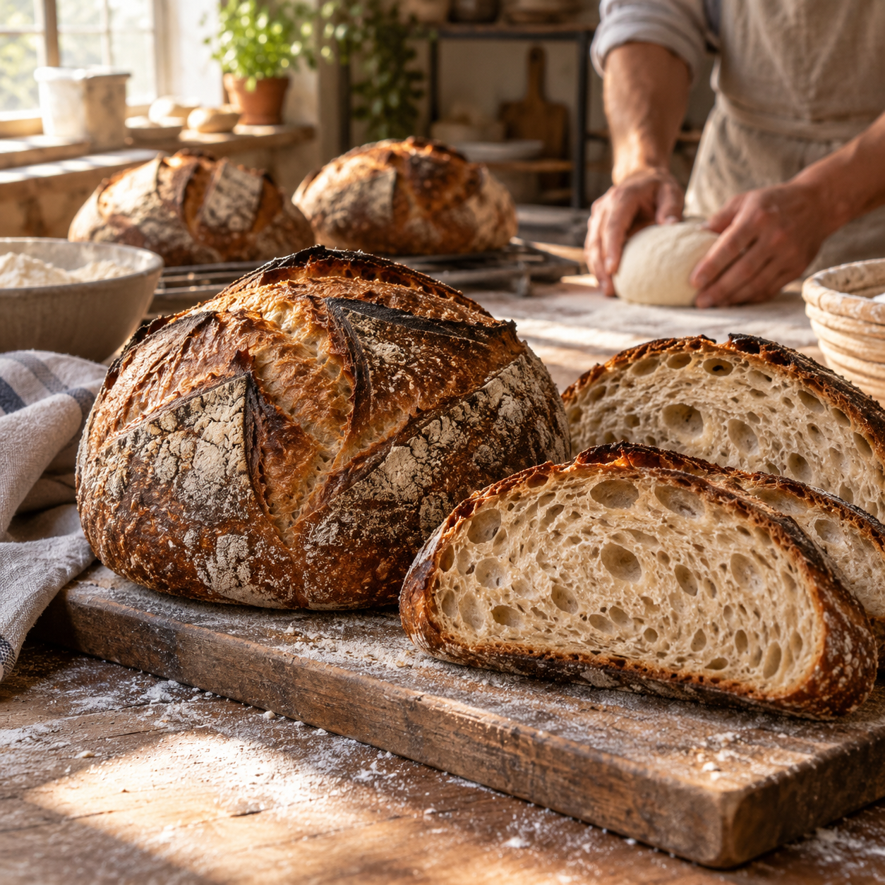 Freshly baked artisan bread with baker in background kneading dough.